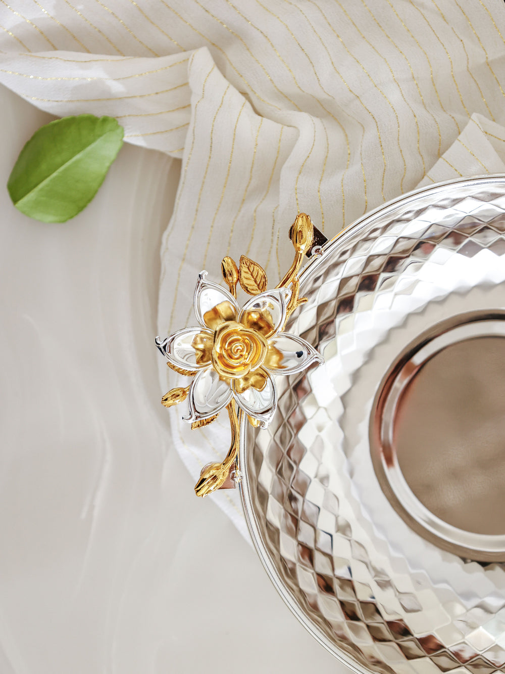 Eternal Bloom Silver Bowl Set with Golden Floral Accents