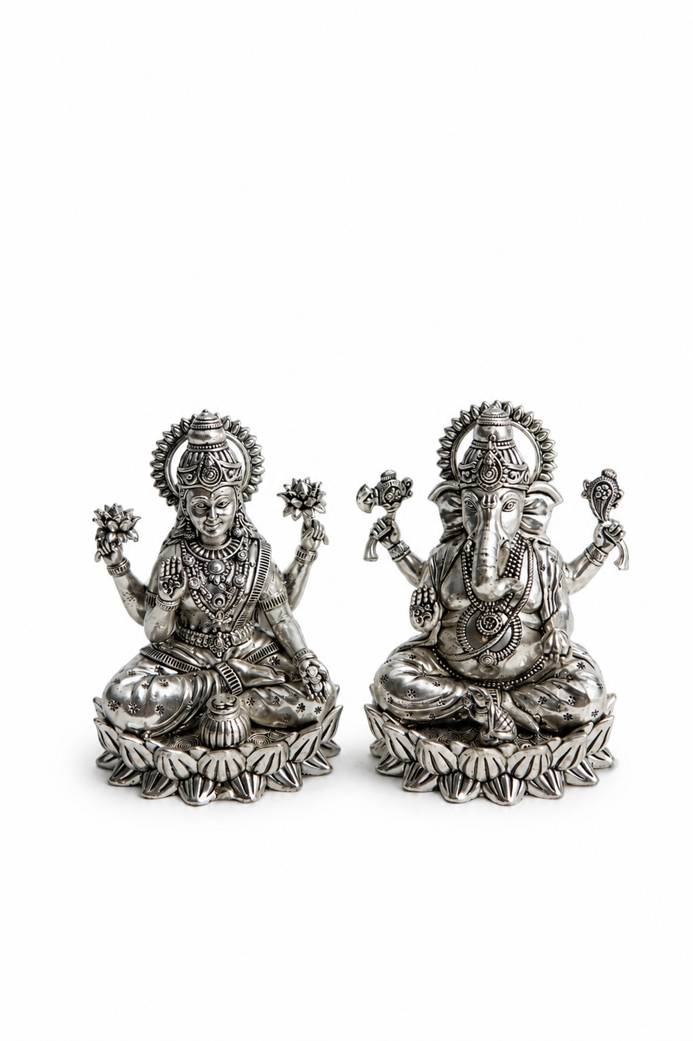 Lakshmi-Ganesh Idol Pair, Antique Lotus