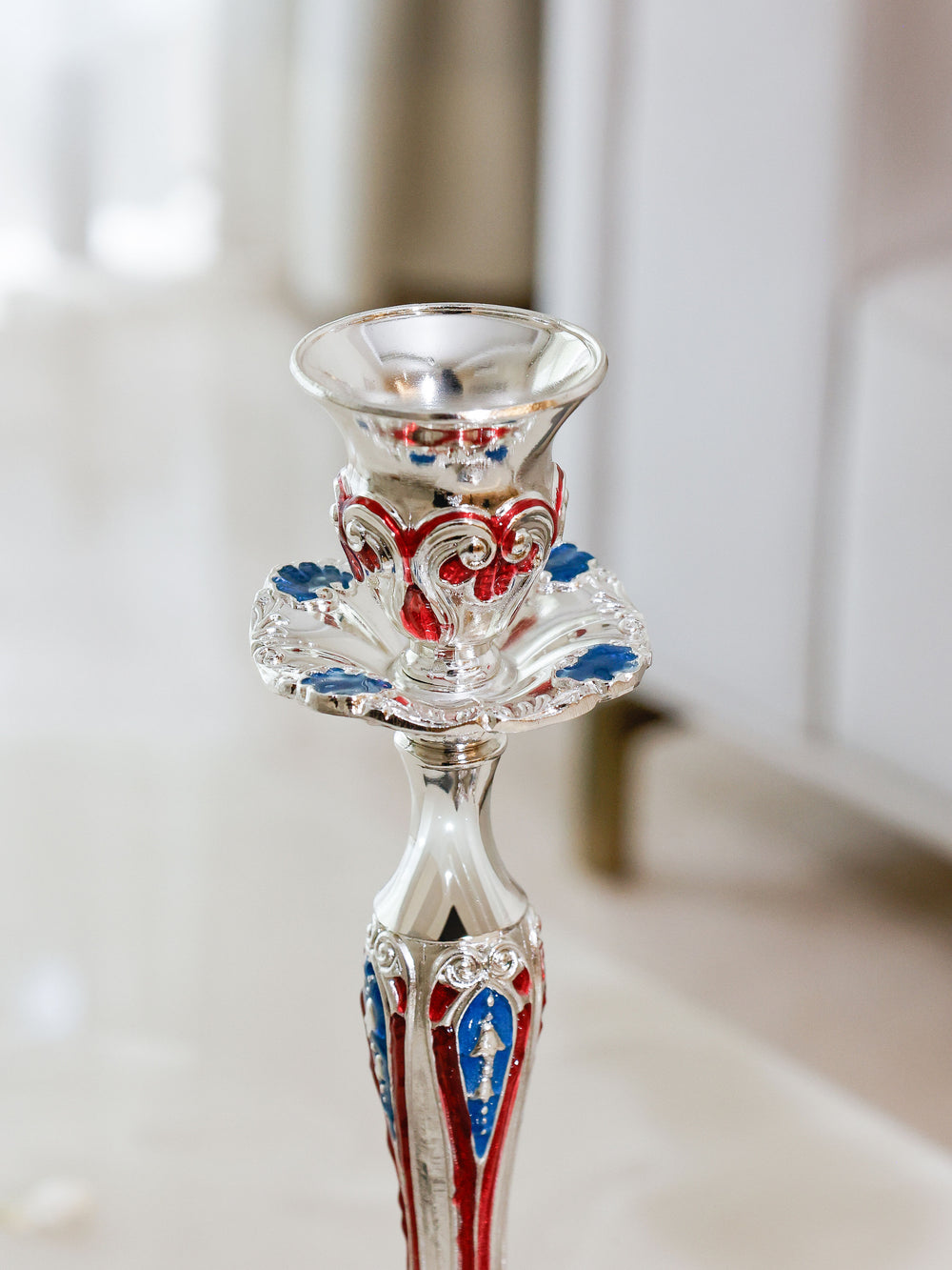 Regal Crimson and Sapphire Enamel Candle Stands
