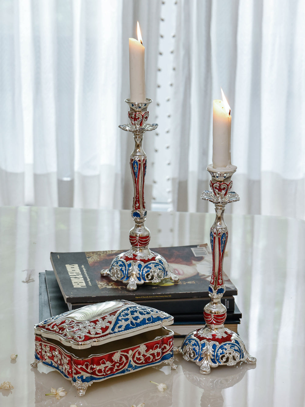 Regal Crimson and Sapphire Candle Stand and Jewellery Box Gift Set