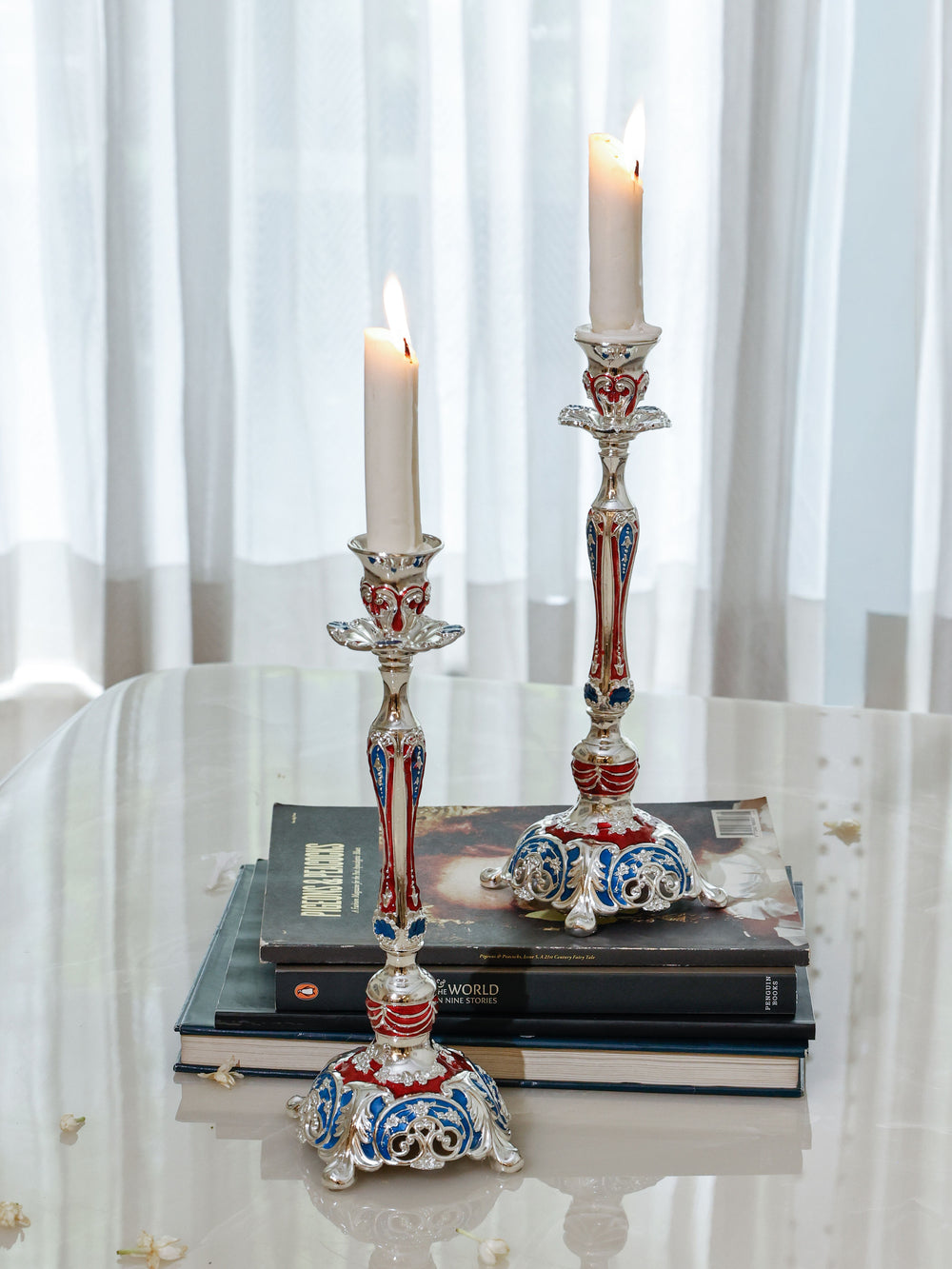 Regal Crimson and Sapphire Enamel Candle Stands