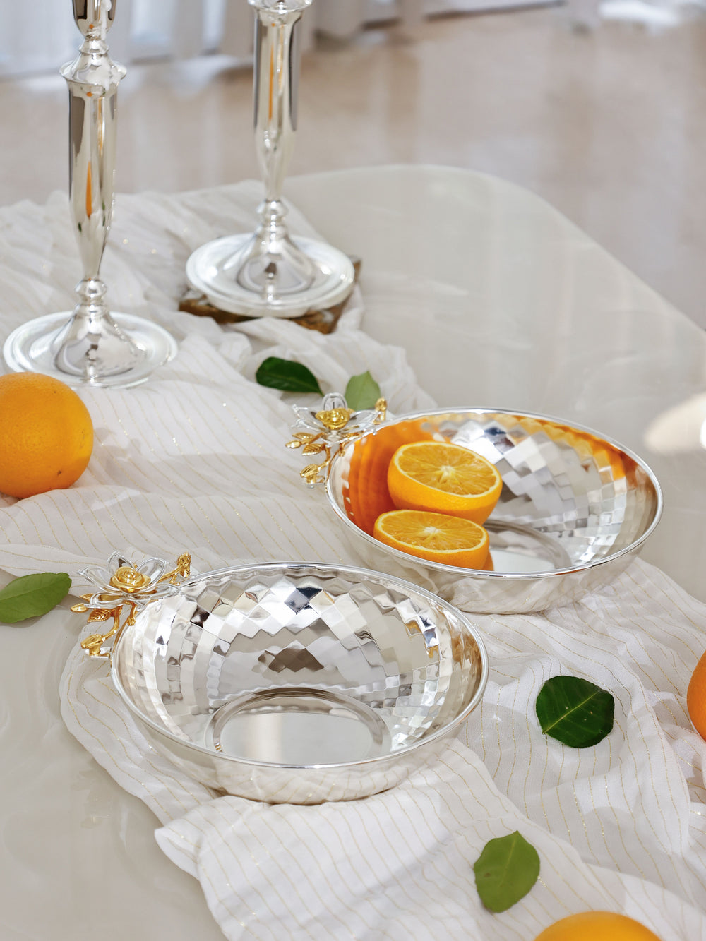 Eternal Bloom Silver Bowl Set with Golden Floral Accents