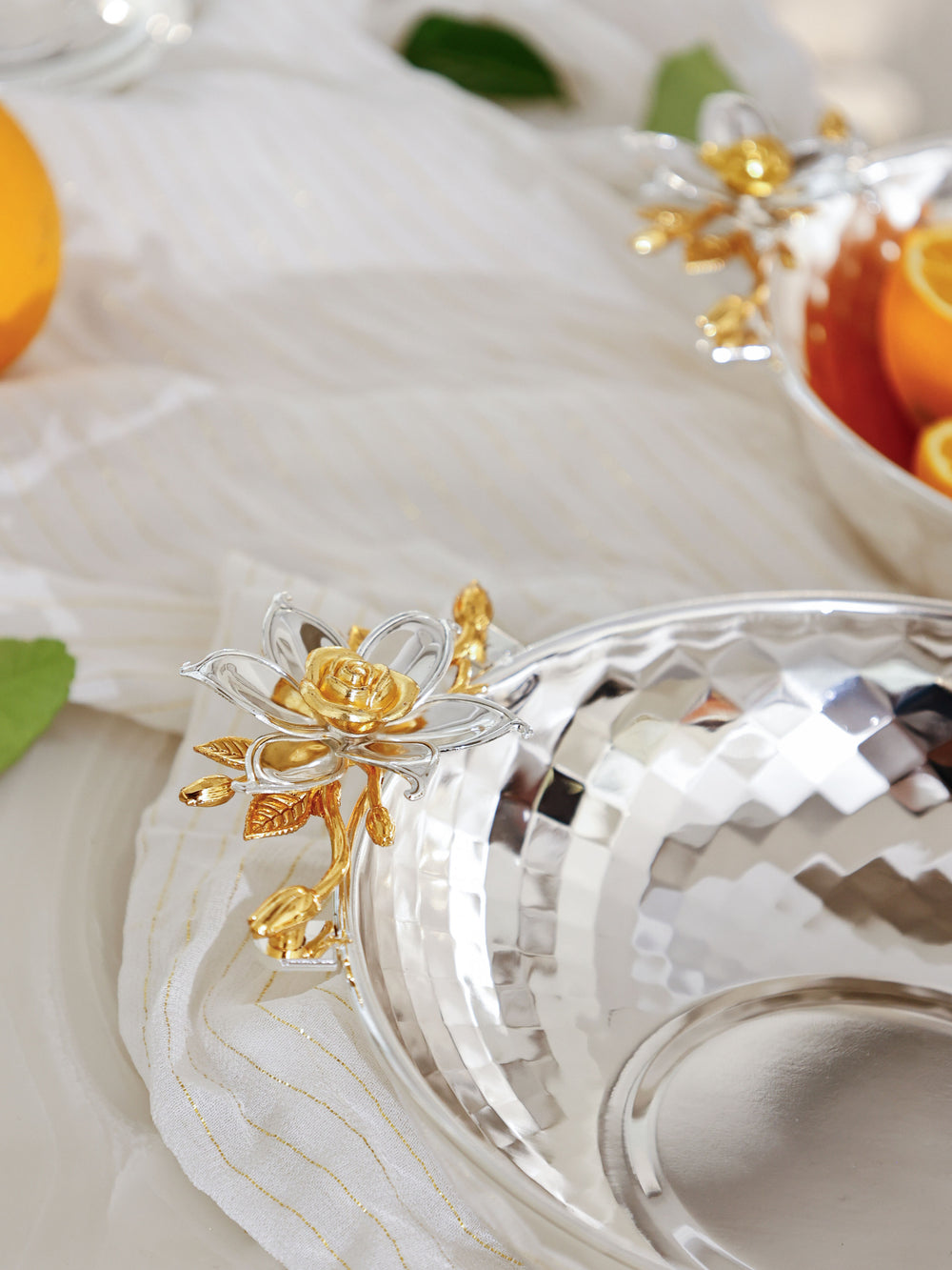 Eternal Bloom Silver Bowl Set with Golden Floral Accents
