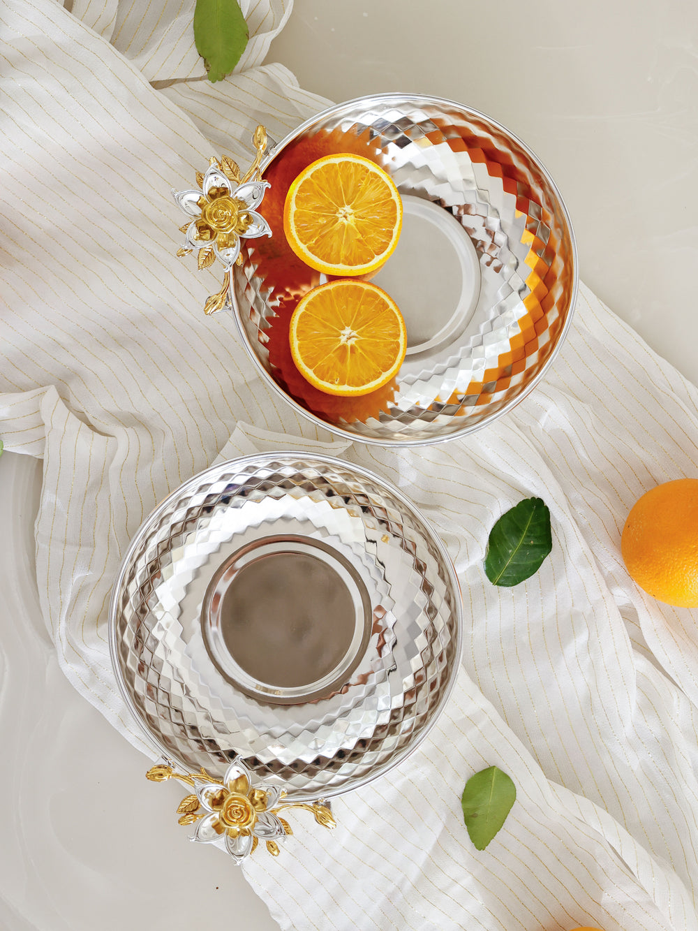 Eternal Bloom Silver Bowl Set with Golden Floral Accents