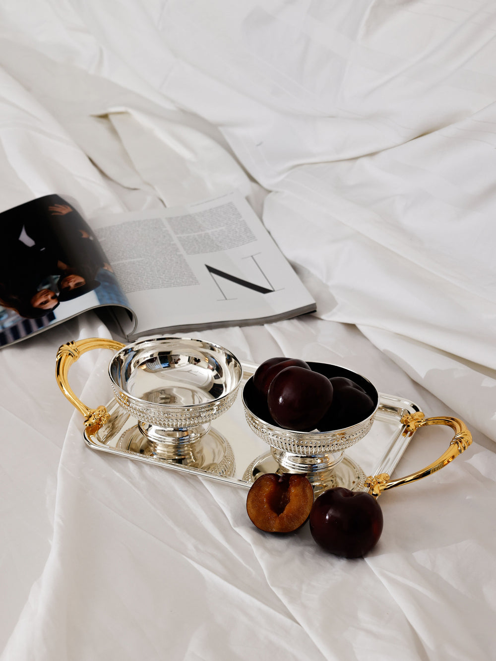 Verona Pedestal Bowl Set and Tray with Golden Handles