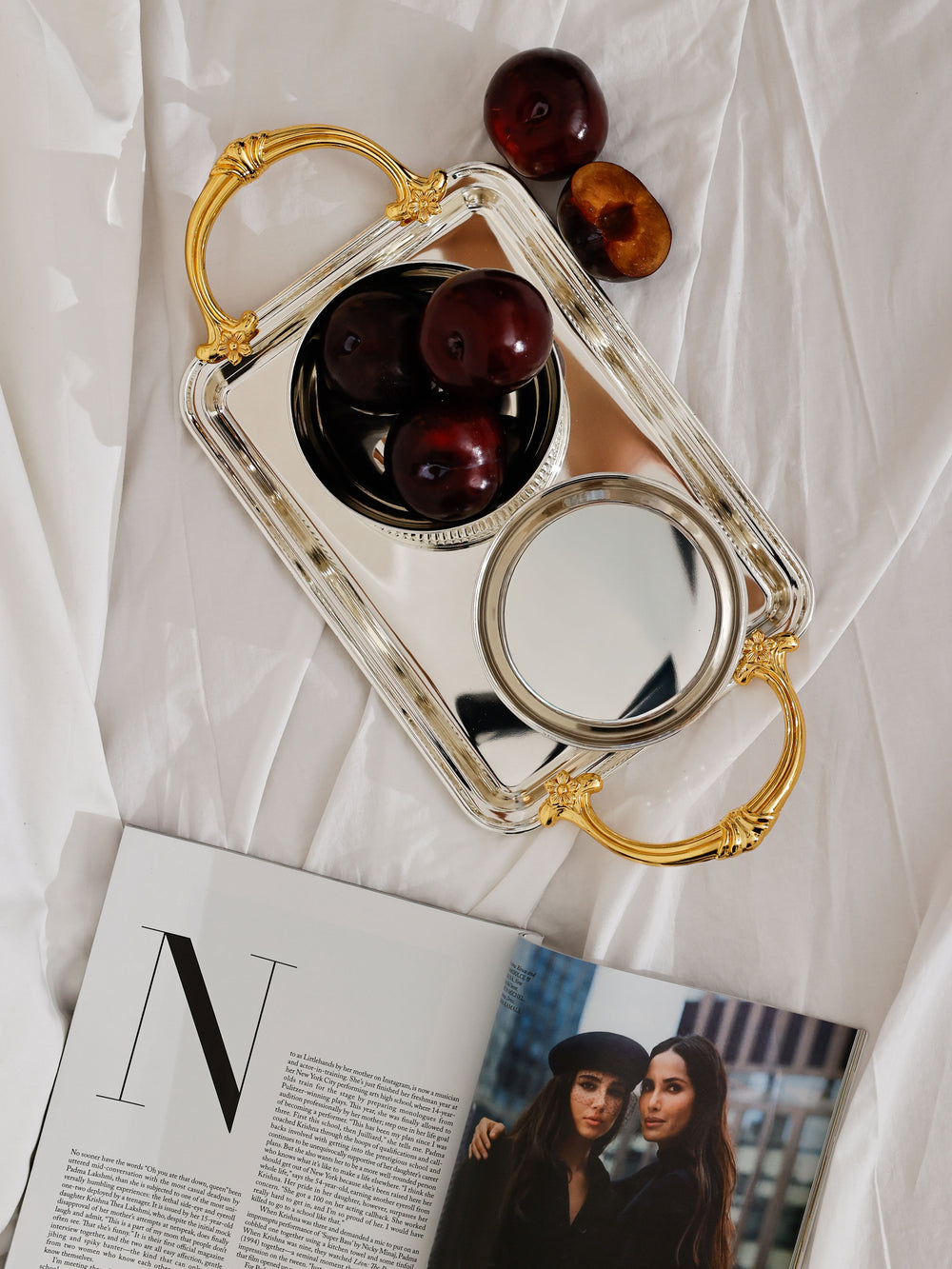 Verona Pedestal Bowl Set and Tray with Golden Handles