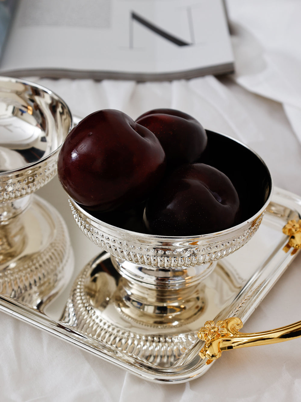 Verona Pedestal Bowl Set and Tray with Golden Handles