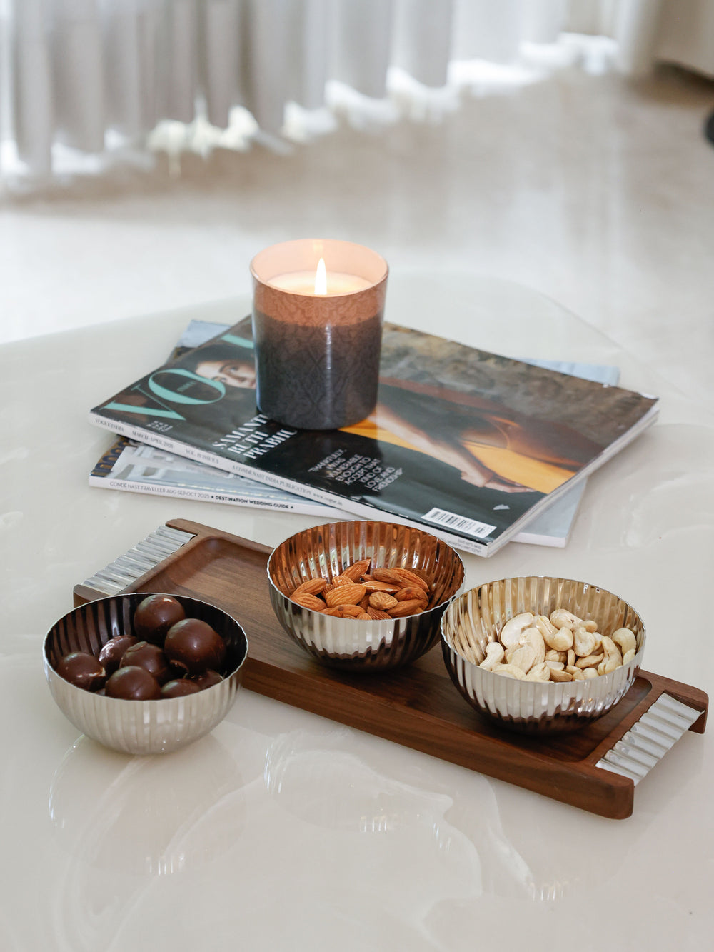 Verona Fluted Trio Snack Bowl Set with Wood Tray