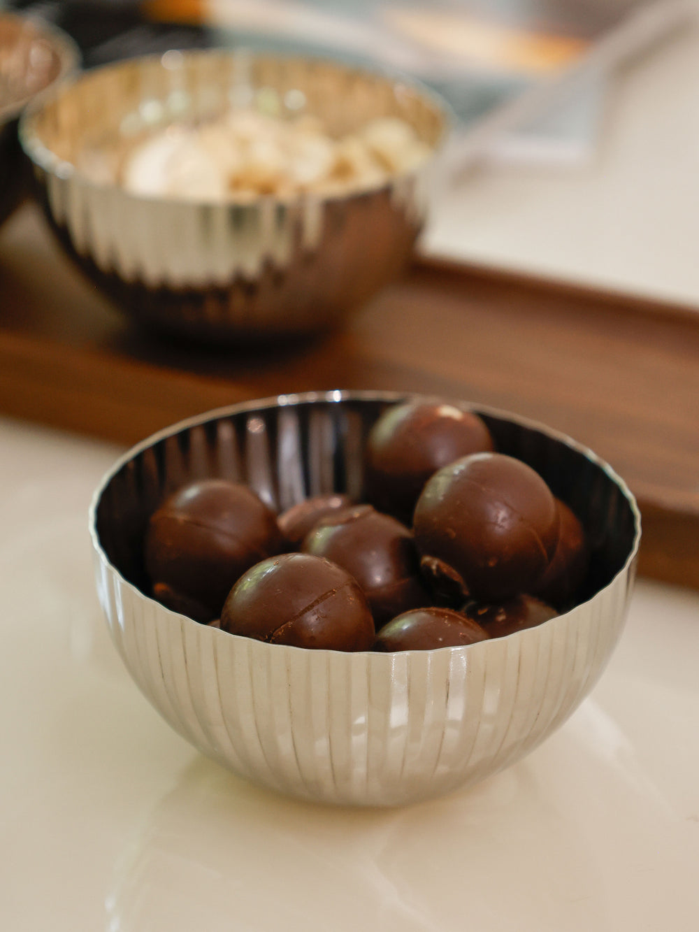 Verona Fluted Trio Snack Bowl Set with Wood Tray