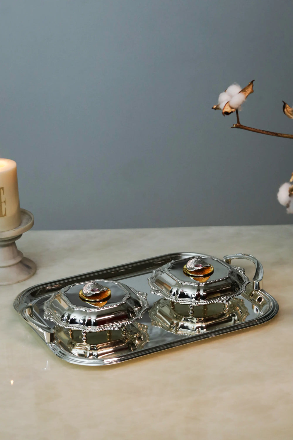 Eternal Bloom Silver-Plated Textured Dual Bowl Set - image 1,Eternal Bloom Silver-Plated Textured Dual Bowl Set - image 2,Eternal Bloom Silver-Plated Textured Dual Bowl Set - image 3