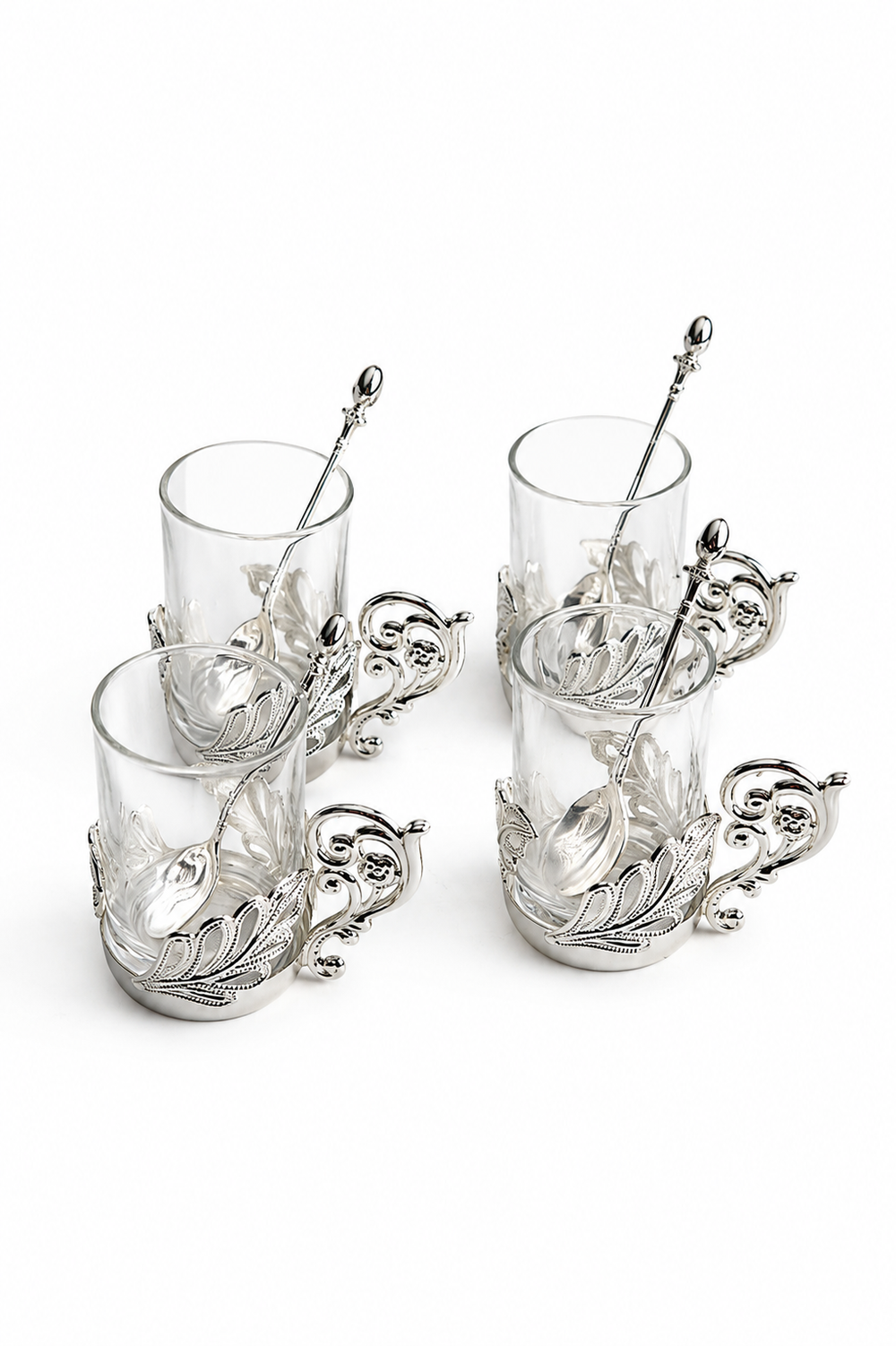 Silver Leaf Chai Glass Set of 4 with Spoons