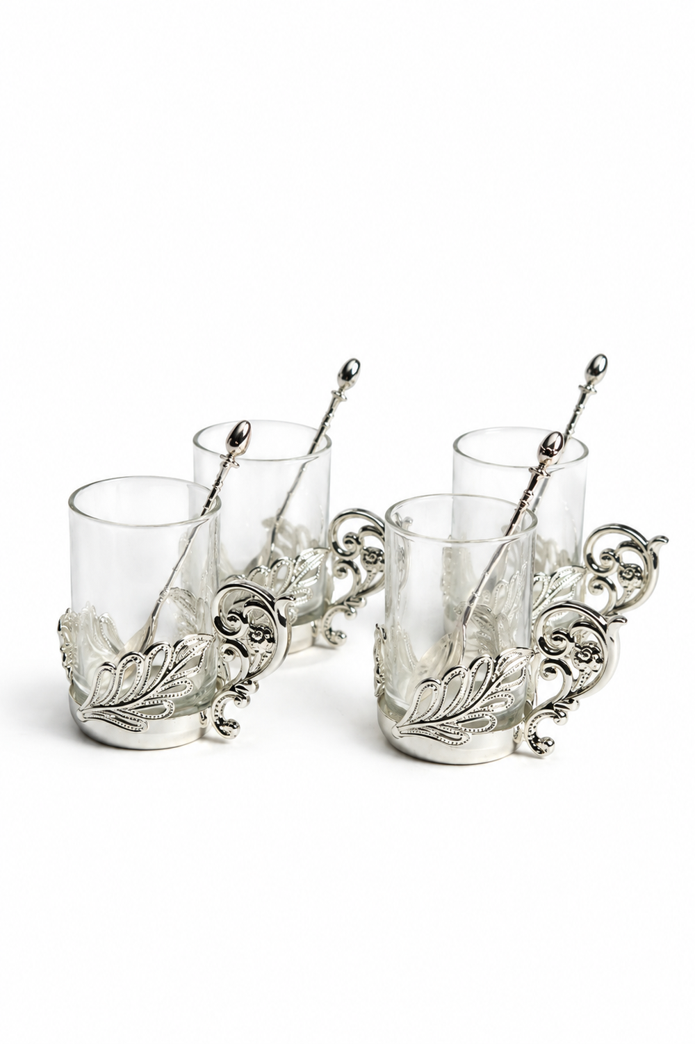 Silver Leaf Chai Glass Set of 4 with Spoons